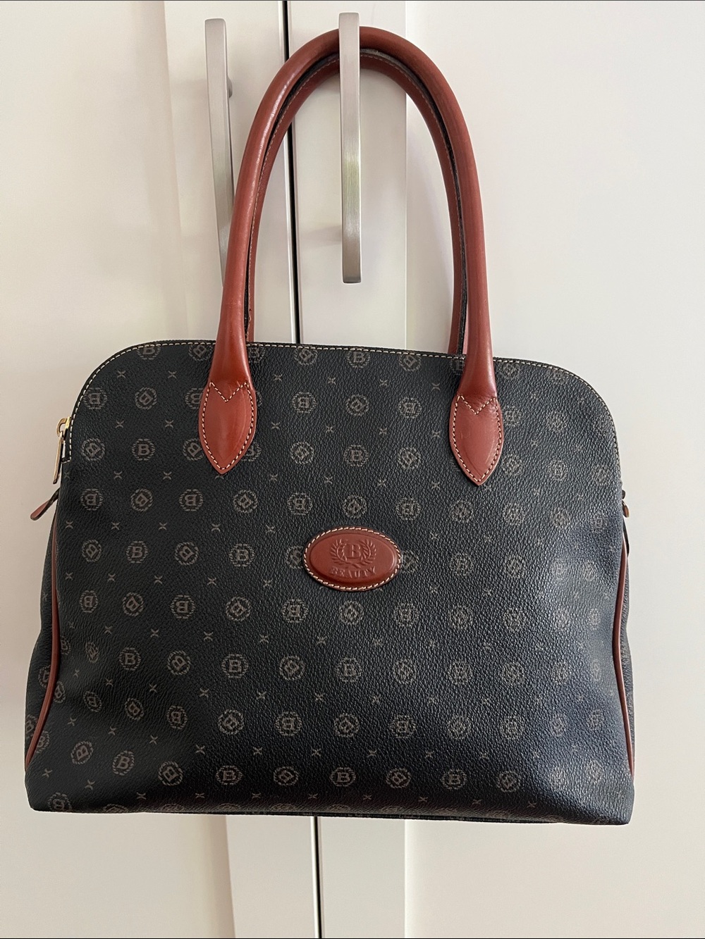 Vintage Women's Black Monogram Tote with Brown Leather Trim